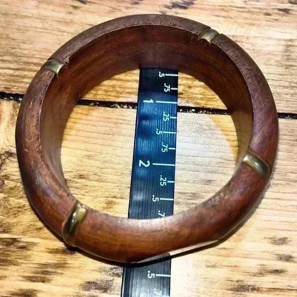Boho wooden carved bracelet with gold tone embellishments. Slip on - Picture 2 of 5